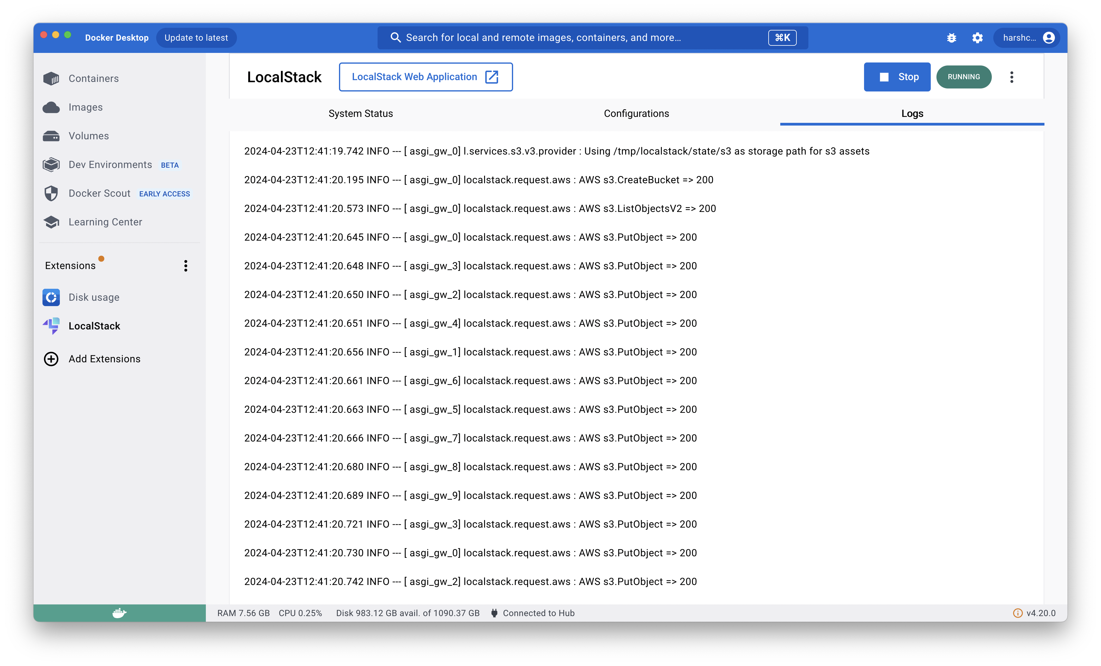 Check the logs of your running LocalStack container through LocalStack’s Docker extension